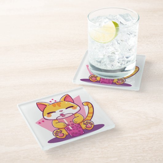 Bubble Tea Kitty Glazen Onderzetter (Schuin)