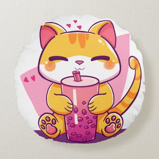 Bubble Tea Kitty Rond Kussen (Voorkant)