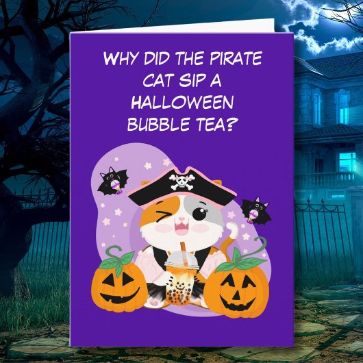 Bubble Tea met Piraat Kawaii Cat Halloween Fun Kaart