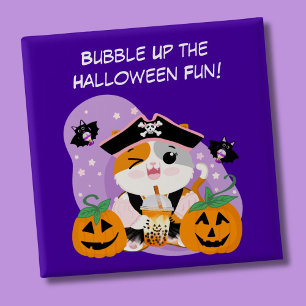 Bubble Tea met Piraten Kawaii Kat Halloween Plezie Vierkante Button 5,1 Cm