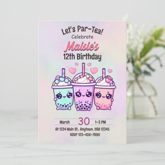 Bubble Tea Verjaardagsfeestuitnodiging Kaart (Staand voorkant)