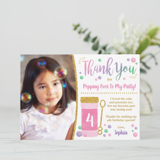 Bubble Verjaardag Bedankt Card | Roze en Goud Kaart (Staand voorkant)