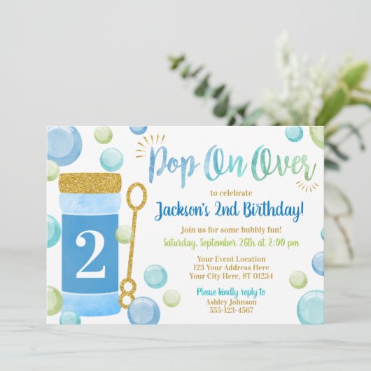 Bubble verjaardagsuitnodiging | Waterverf, blauw,  Kaart (Staand voorkant)