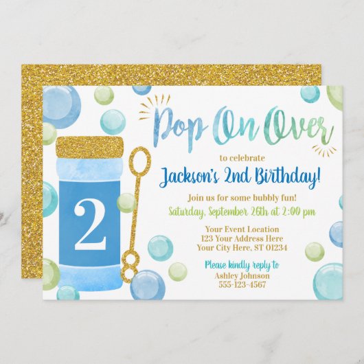 Bubble verjaardagsuitnodiging | Waterverf, blauw,  Kaart (Voorkant / Achterkant)