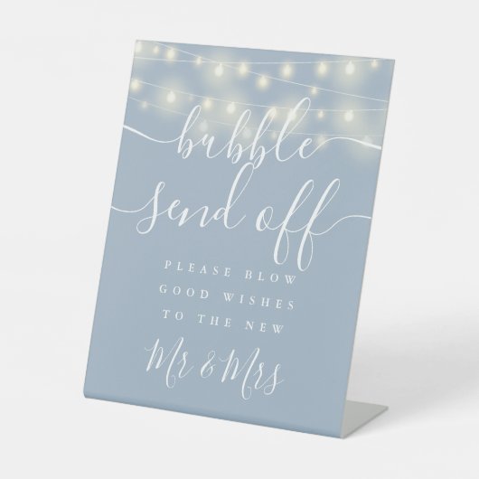 Bubble Verstuur String Lights Dusty Blue Reclamebord Met Voetstuk (Voorkant)