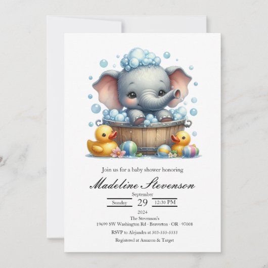Bubblebad Elefant Thema Babyshower Uitnodiging (Voorkant)
