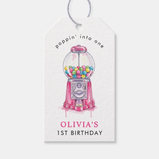 Bubblegum Pink Poppin 'Girl 1st Birthday Party Cadeaulabel (Voorkant)