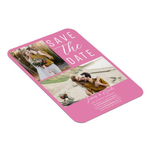 Bubblegum Roze 2 foto's Save the Date Bruiloft Magneet (Rechterzijde)