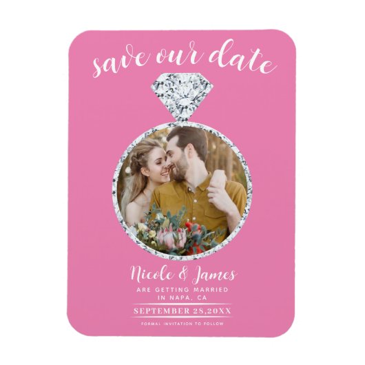 Bubblegum Roze Diamanten Ring Bling Save the Date Magneet (Verticaal)