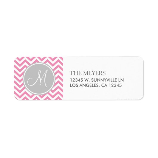 Bubblegum Roze & Grijs Modern Chevron met Monogram Etiket (Voorkant)