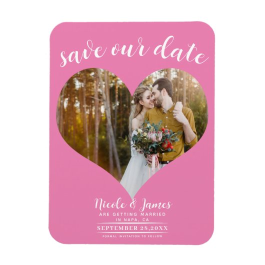 Bubblegum Roze Hart Foto Bruiloft Save the Date Magneet (Verticaal)