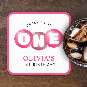 Bubblegum Roze Poppin Meisje 1e Verjaardagsfeest Kartonnen Onderzetters