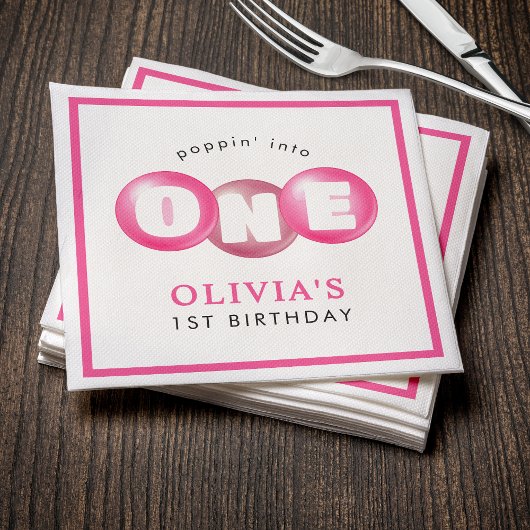 Bubblegum Roze Poppin Meisje 1e Verjaardagsfeest Servet