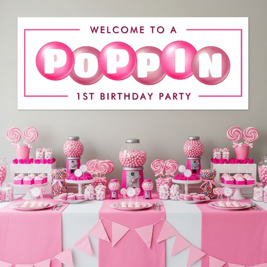 Bubblegum Roze Poppin Meisje 1e Verjaardagsfeest Spandoek