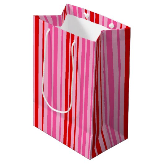 Bubblegum Roze Rood Verticale Strepen Design Medium Cadeauzakje (Voorkant Gekanteld)