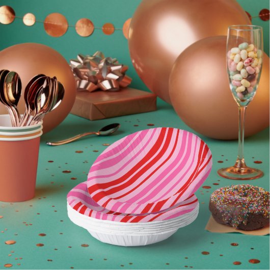 Bubblegum Roze Rood Verticale Strepen Design Papieren Kommen (Multi)