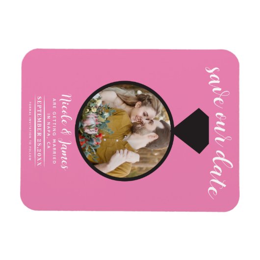 Bubblegum Roze Trouwring Foto Save the Date Magneet (Horizontaal)