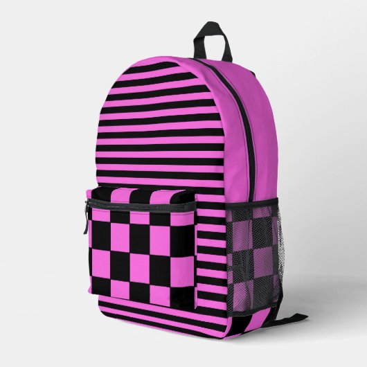Bubblegum Roze Zwart  Geruit en Gestreept Bedrukte Rugzak (Achterkant Hoek Rechts)