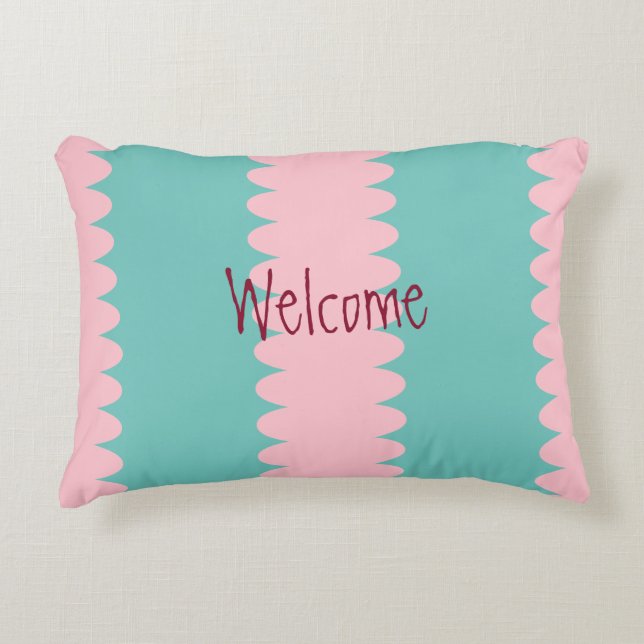 Bubblegumroze & blauwgroen, , welkom, jouw tekst accent kussen (Voorkant)