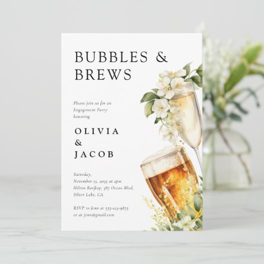 Bubbles and Brews Engagement Party Kaart (Staand voorkant)