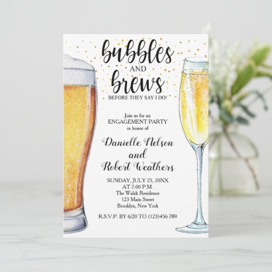 Bubbles and Brews Engagement Party Kaart (Staand voorkant)