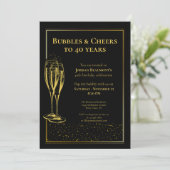 Bubbles and Cheers Black Gold 40th Birthday Party Kaart (Staand voorkant)