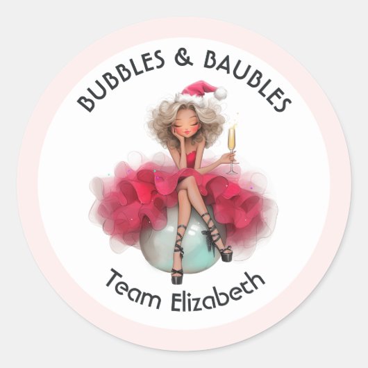 Bubbles & Baubles Kerst Bachelorette Ronde Sticker (Voorkant)