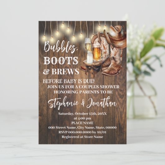 Bubbles Boots & Brews voor Baby door Baby shower Kaart (Staand voorkant)