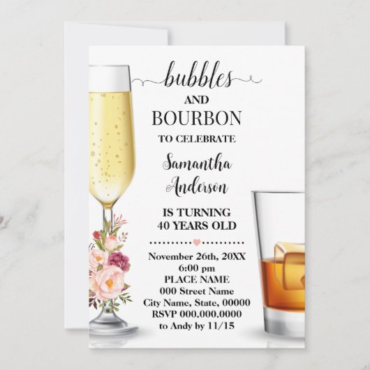 Bubbles & Bourbon roze bloemen Volwassenen Verjaar Kaart