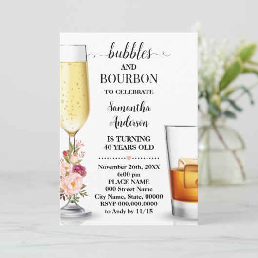 Bubbles & Bourbon roze bloemen Volwassenen Verjaar Kaart (Staand voorkant)