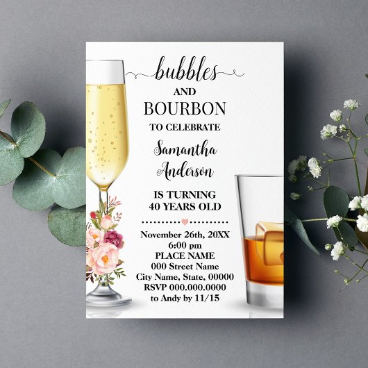 Bubbles & Bourbon roze bloemen Volwassenen Verjaar Kaart