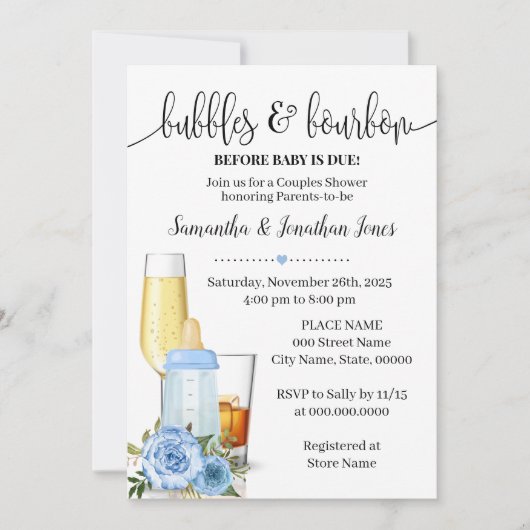 Bubbles & Bourbon voor Baby Due Blue Baby shower Kaart (Voorkant)