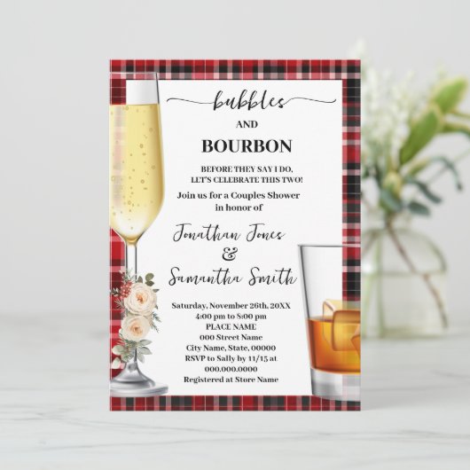 Bubbles & Bourbon Winter Buffalo Plaid Shower Kaart (Staand voorkant)