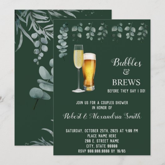 Bubbles & Breedparen bruiloft Eucalyptus Kaart (Voorkant / Achterkant)