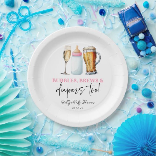 Bubbles Brews and Diapers Too! Baby Shower Papieren Bordje (Feest)