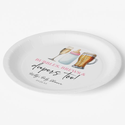 Bubbles Brews and Diapers Too! Baby Shower Papieren Bordje (Gekanteld)