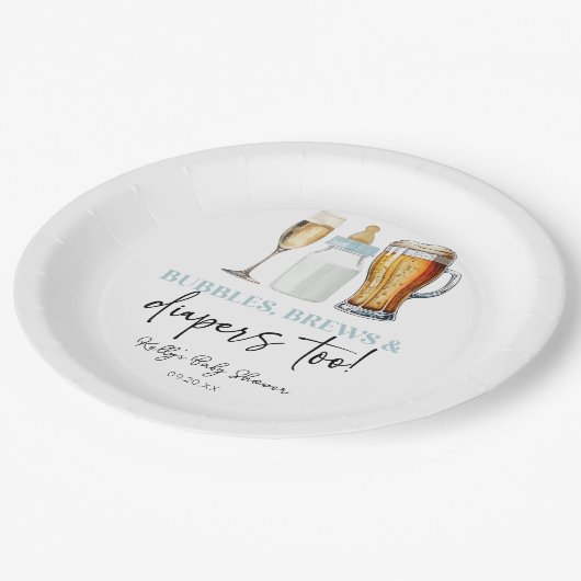 Bubbles Brews and Diapers Too! Baby Shower Papieren Bordje (Gekanteld)