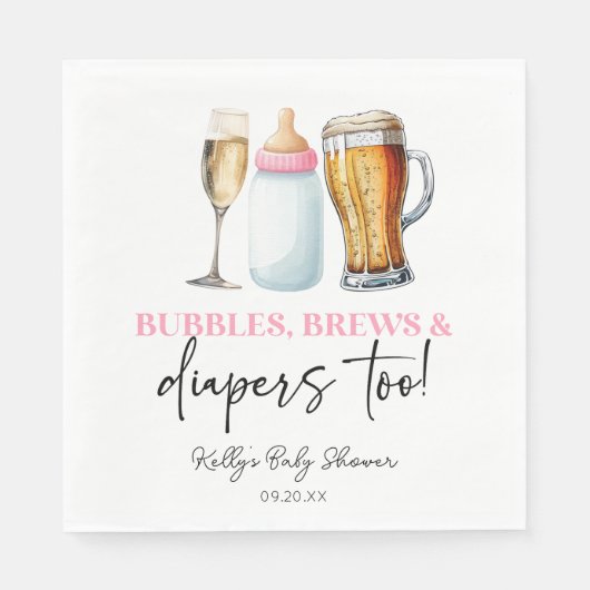 Bubbles Brews and Diapers Too! Baby Shower Servet (Voorkant)