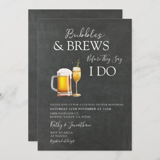 Bubbles & Brews Cocktail Krijtbord Koppels Douche Kaart (Voorkant / Achterkant)