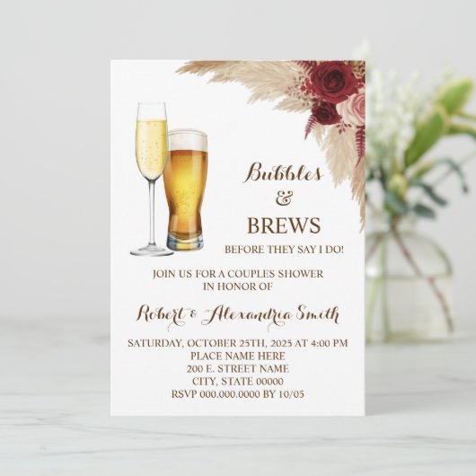 Bubbles & Brews Couples Weddenschap Shower Pampas Kaart (Staand voorkant)