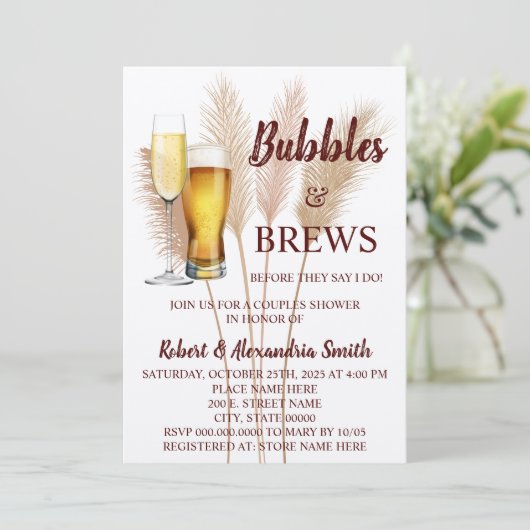 Bubbles & Brews Couples Weddenschap Shower Pampas Kaart (Staand voorkant)