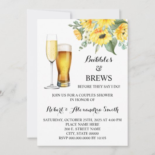 Bubbles & Brews Couples Weddenschap Zonnebloemen Kaart (Voorkant)