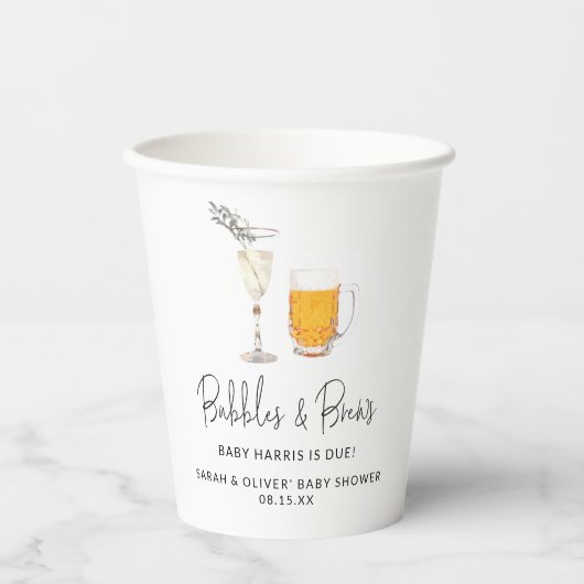 Bubbles & Brews Cups van Baby shower met paar cups Papieren Bekers (Voorkant)