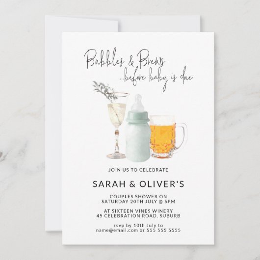 Bubbles & Brews Green Neutral Couples Baby shower Kaart (Voorkant)