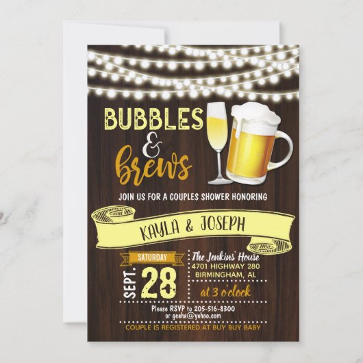 Bubbles & Brews Koppel Bruiloft Uitnodiging (Voorkant)