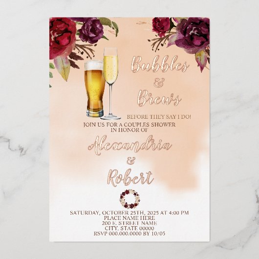 Bubbles & Brews stellen Roos voor weduwschap Gold Folie Uitnodiging (Voorkant)