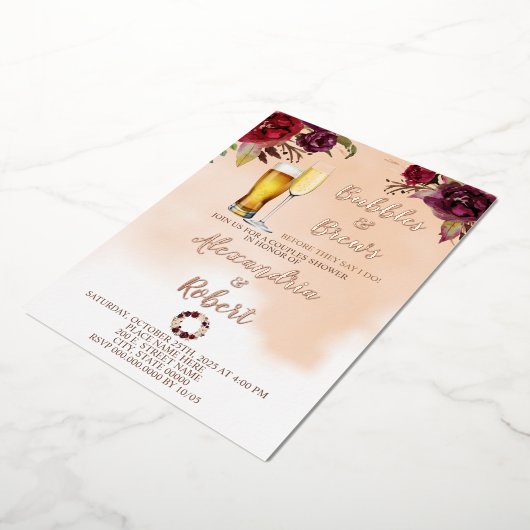 Bubbles & Brews stellen Roos voor weduwschap Gold Folie Uitnodiging (Gedraaid)