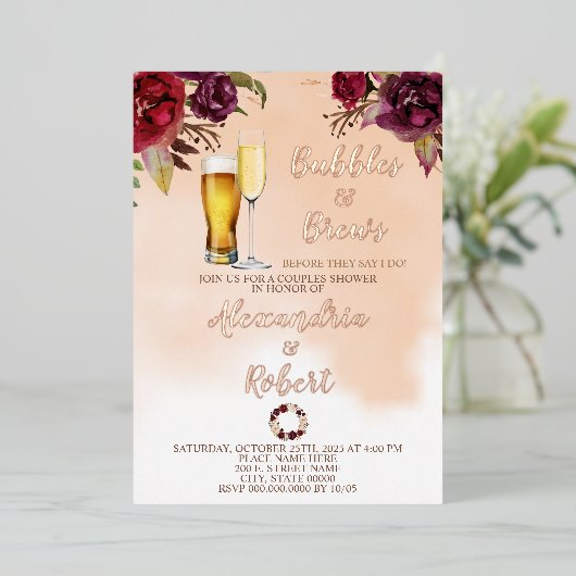 Bubbles & Brews stellen Roos voor weduwschap Gold Folie Uitnodiging (Staand Voorkant)