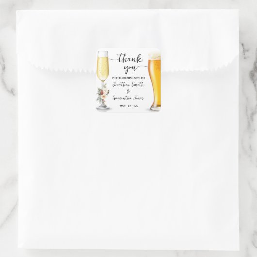 Bubbles & Brews Thank You Winter Wedding Vierkante Sticker (Tas)