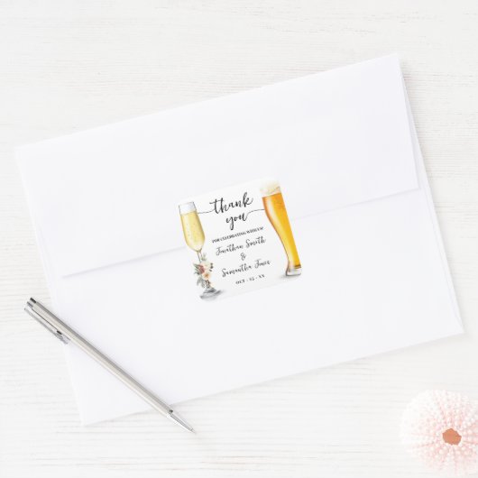 Bubbles & Brews Thank You Winter Wedding Vierkante Sticker (Envelop)